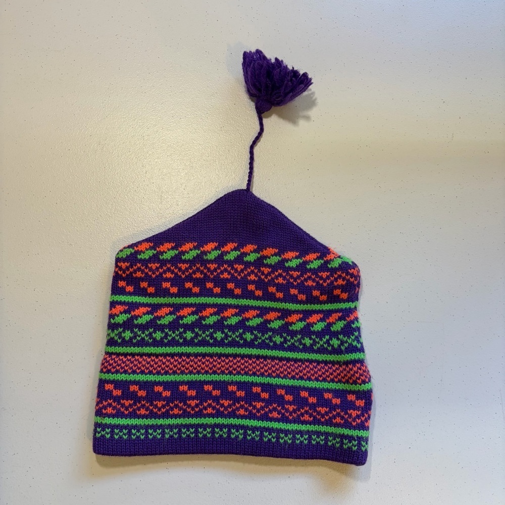 Vintage 1990s Neon Fair Isle Touque Beanie Ski Hat 100% Wool Winter Outerwear
